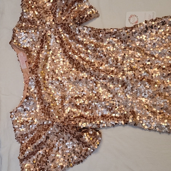 NeeSee's Dresses evening gown rose gold sequins round neck bell sleeves sz small - Picture 7 of 13